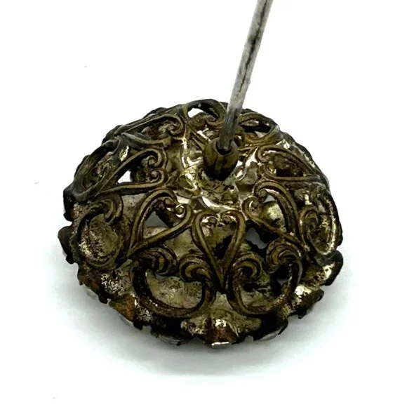 Antique Victorian Hat Pin Clear Paste Rhinestone Domed Top Filigree Back 10" - Picture 14 of 16